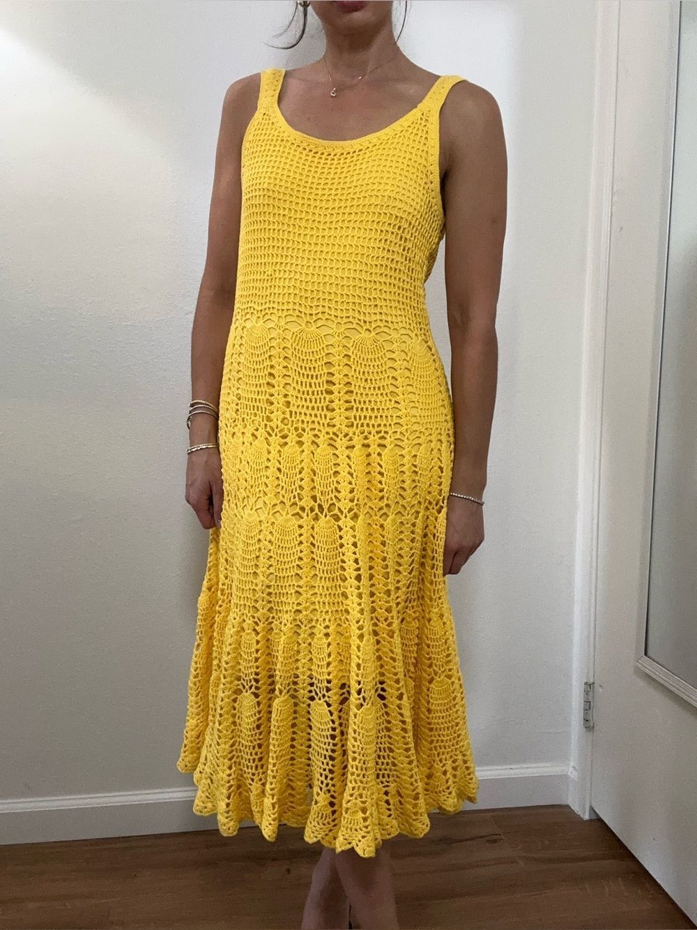 Vintage 90's Yellow Crochet Midi Dress Sleeveless 100% Cotton Size S